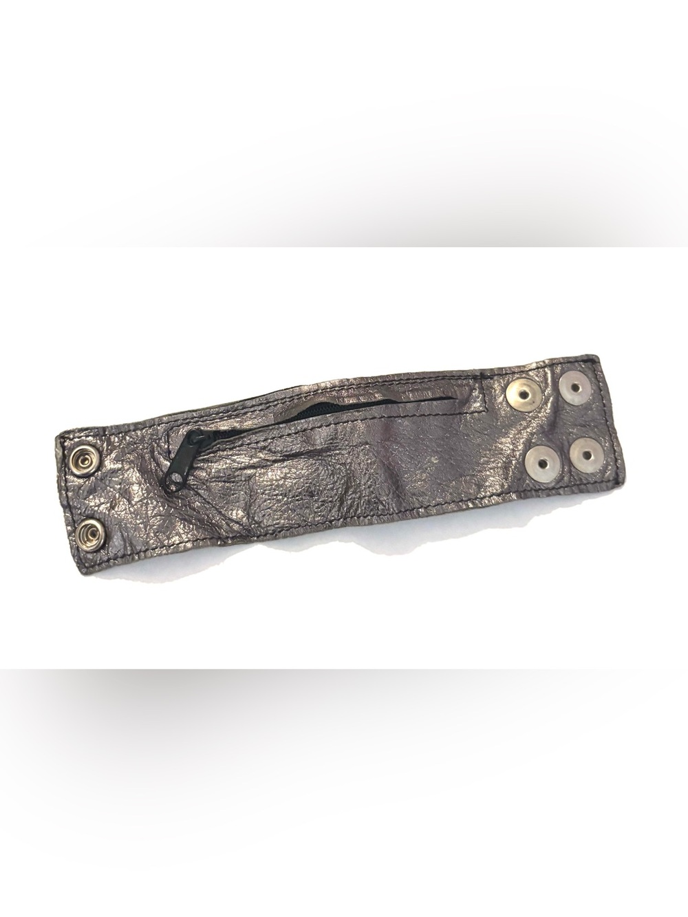 Slim Metallic Gray Leather bracelet  with zip pocket for money & more